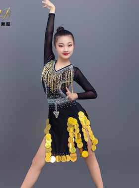 舞天骄黑色拉丁舞服女童镶钻花服少儿拉丁舞表演服专业比赛演出服