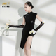 拉丁舞服女童表演服黑色比赛服显瘦旗袍舞蹈服复古修身 练功演出服