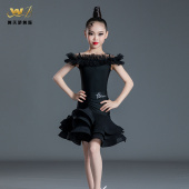 拉丁舞服女童黑色专业练功服儿童表演服一字肩套装 舞天骄夏季 新款