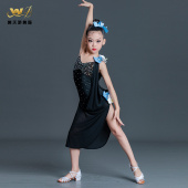 舞天骄拉丁舞服女童表演服高档镶钻比赛花服吊带连衣裙儿童演出服