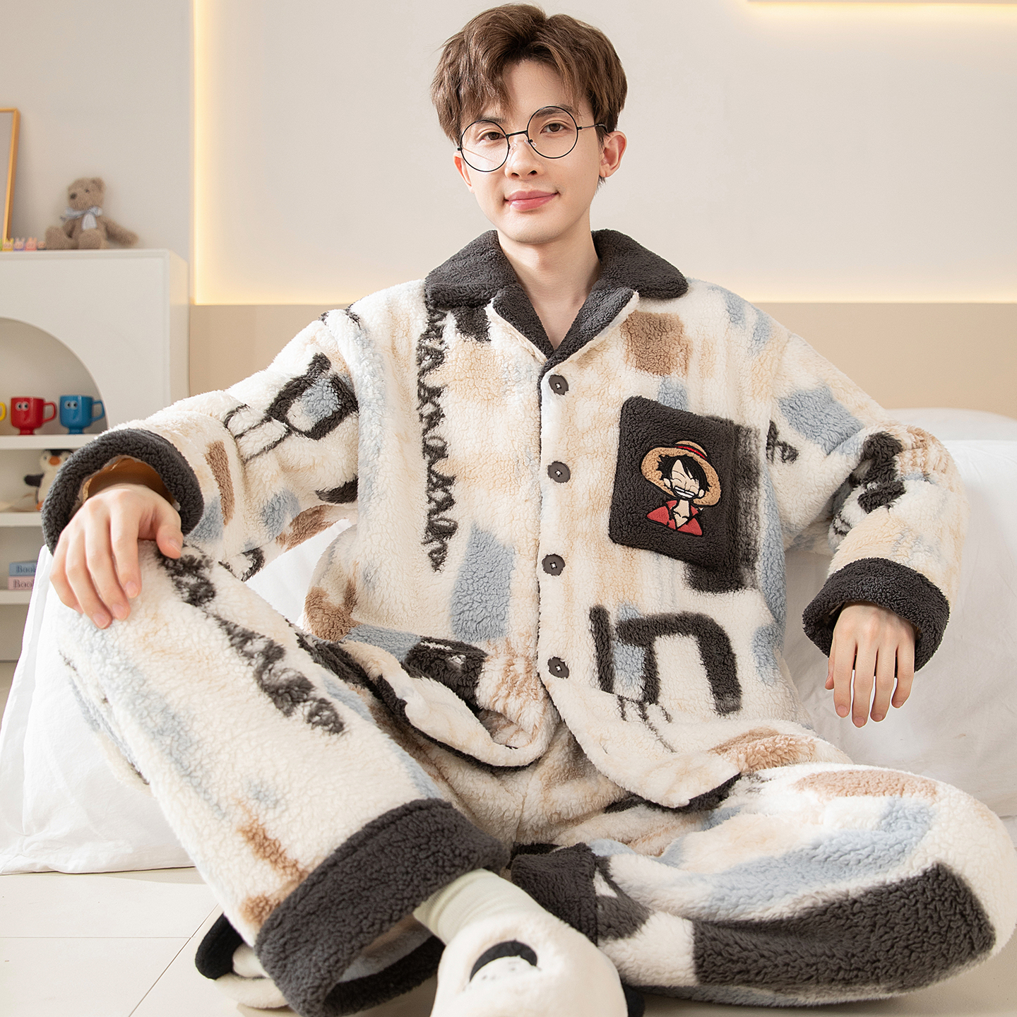 男士珊瑚绒开衫家居服套装