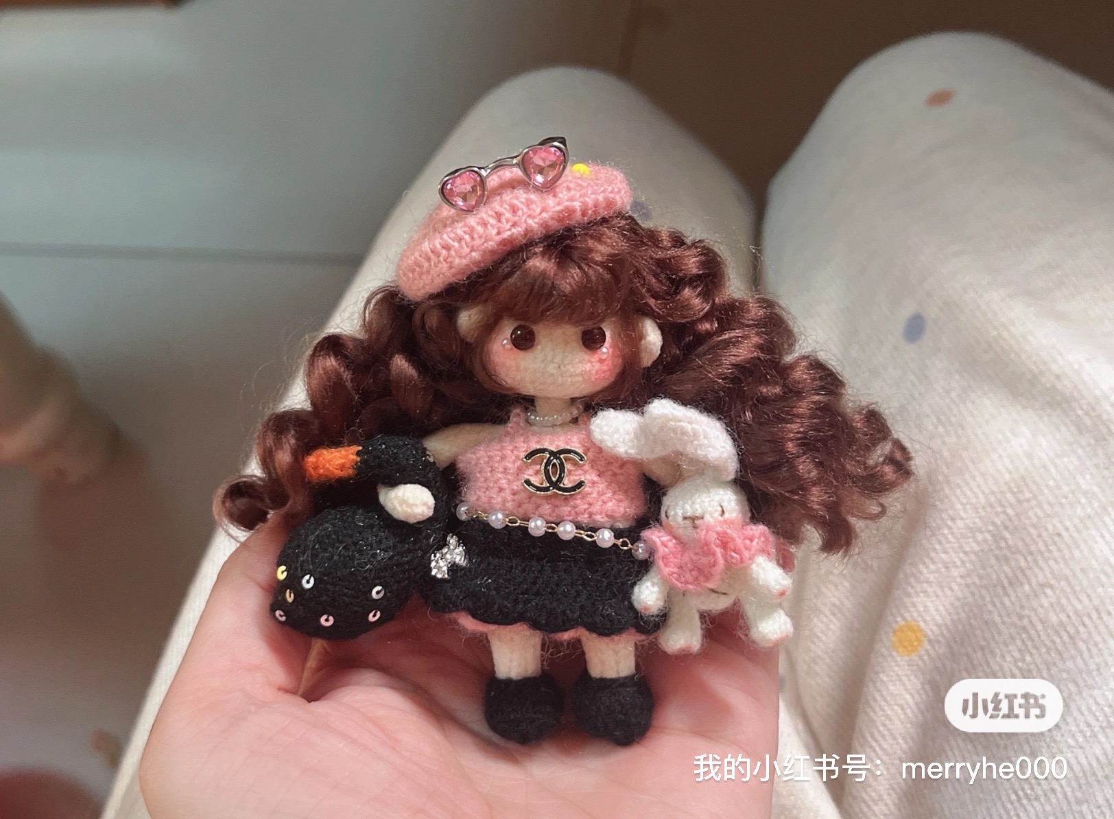 双股棉仔小樱手工编织毛线玩偶摆件挂件成品带玫瑰花