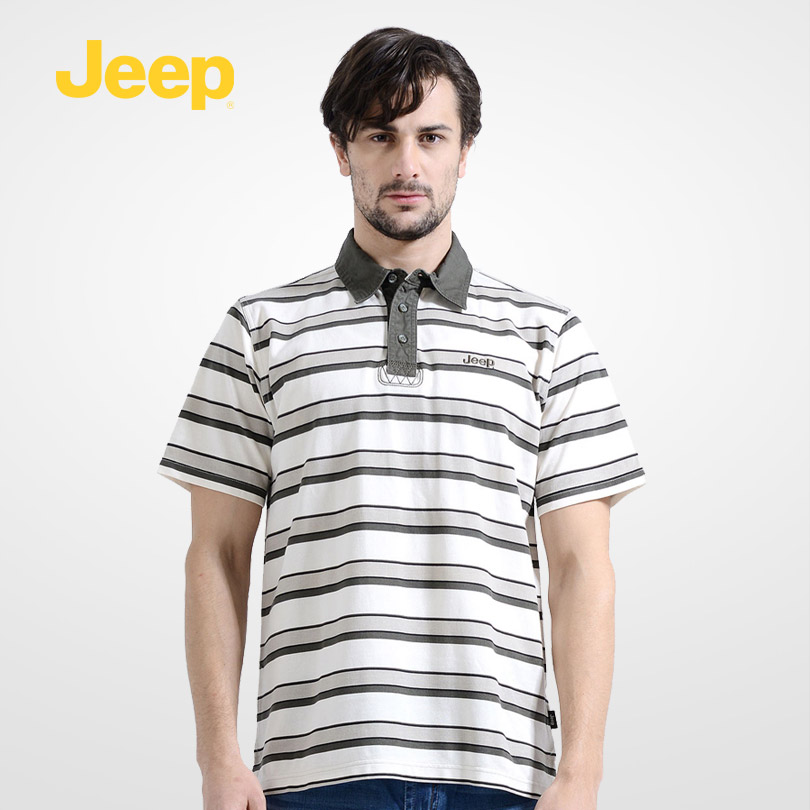 JEEP/吉普专柜男装夏新款纯棉横间条纹翻领短袖T恤JS14KT321