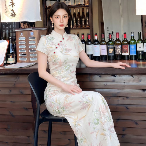 夏季国风新款改良新中式气质旗袍裙刺绣修身长款连衣裙女 P0531