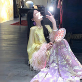 国风新中式 N5083 口羽毛拼接上衣紫色印花半裙套装 高级时尚 刺绣袖