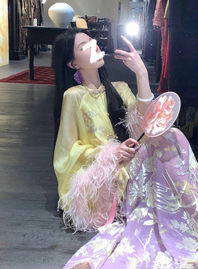 国风新中式高级时尚刺绣袖口羽毛拼接上衣紫色印花半裙套装 N5083