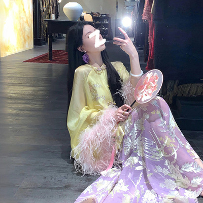 国风新中式高级时尚刺绣袖口羽毛拼接上衣紫色印花半裙套装 N5083