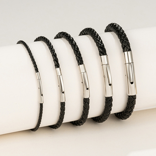 一字扣真皮牛皮男手链黑色深蓝手绳皮绳不锈钢扣配绳DIY编织手链