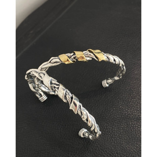 不同银匠 男女手环朋克 复古925纯银麻花缠绕编织丝带开口手镯个性