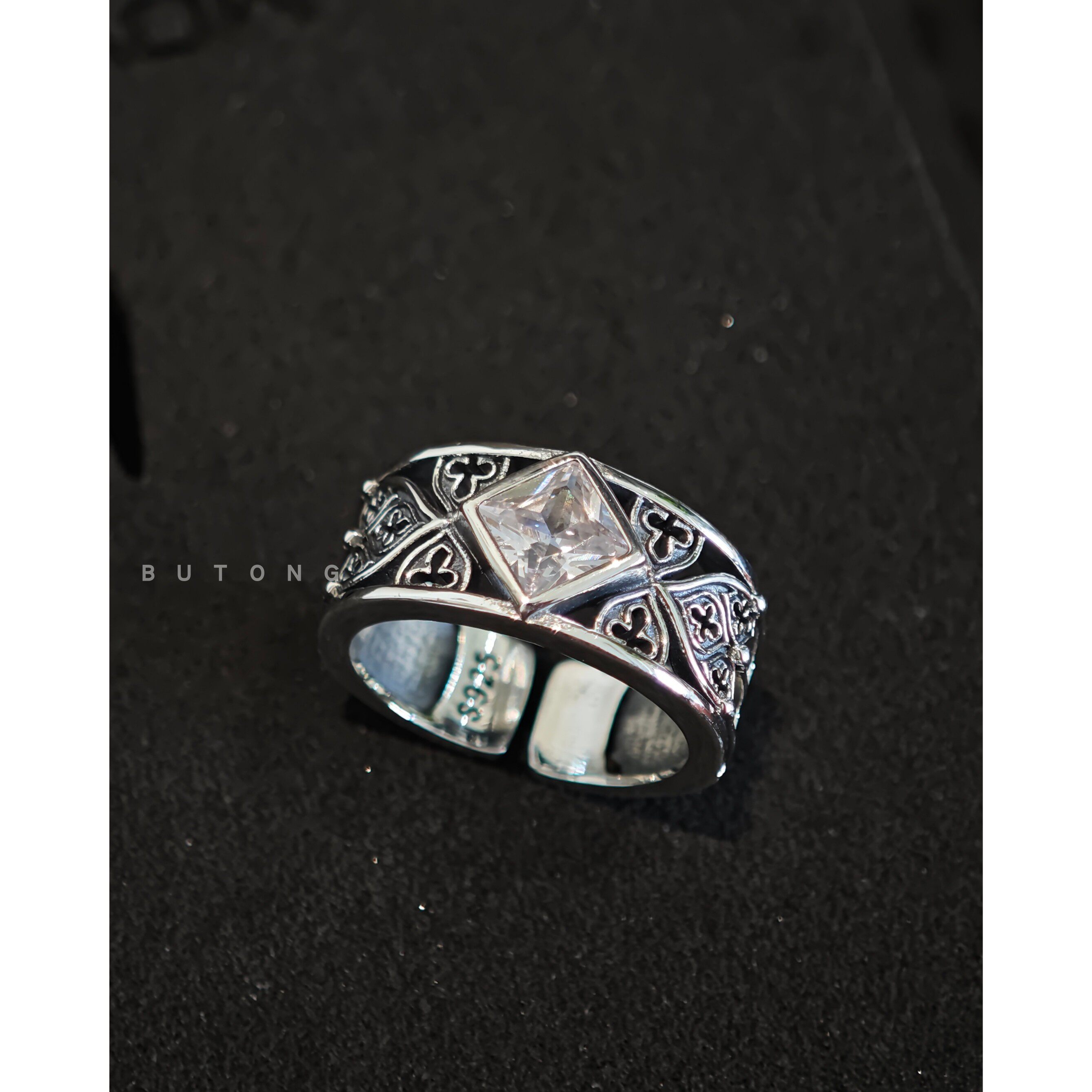 不同银匠 复古925纯银方形宝石雕花镂空几何花纹开口戒指个性潮男