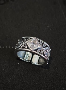 复古925银方形宝石开口男戒