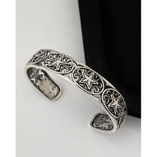 潮男手环 开口手镯朋克个性 不同银匠 复古925纯银星星镂空花纹宽版