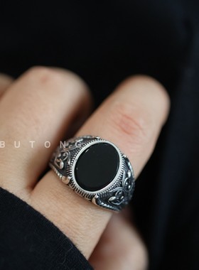 高桥风复古925银黑玛瑙开口戒