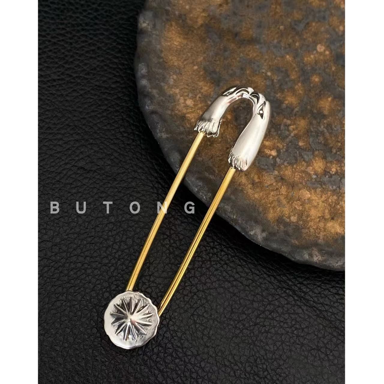 不同银匠 手工双鹰头菊花钉胸针925纯银双色余文乐同款别针小众潮