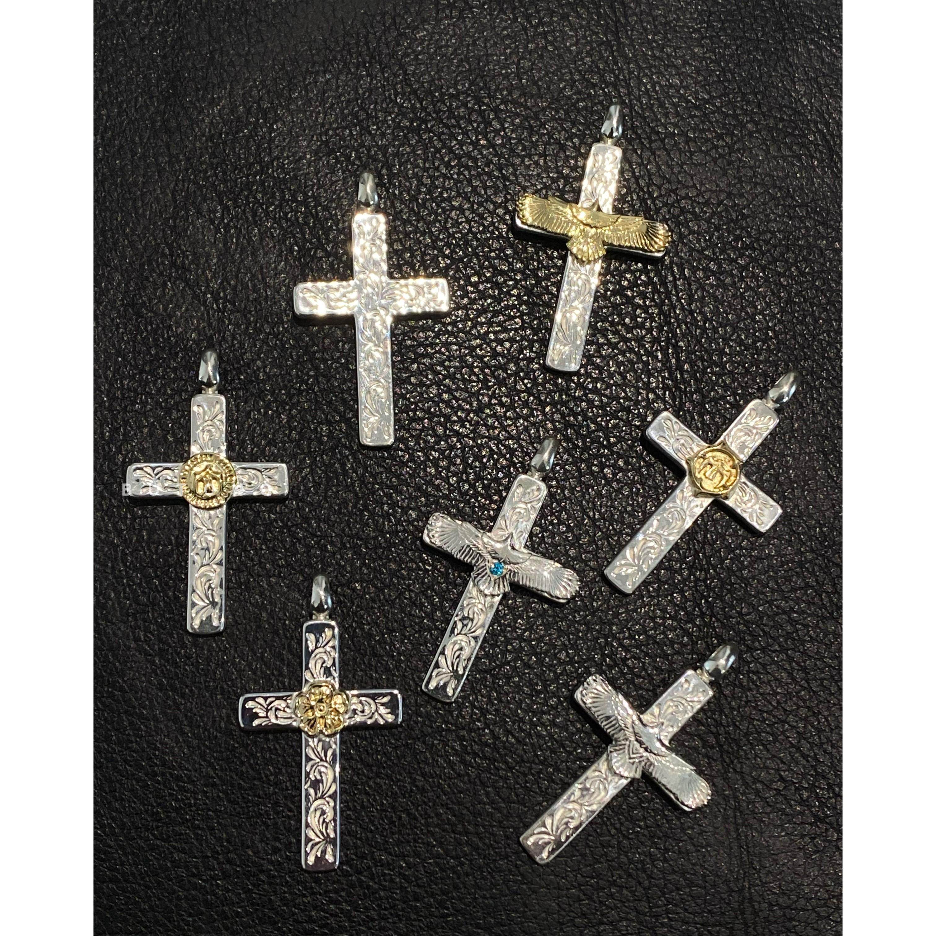 不同银匠 手工雕刻唐草花925纯银小十字架吊坠飞老鹰项链男女情侣