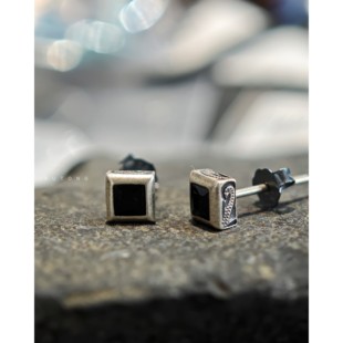 不同银匠 复古925纯银镶嵌黑色锆石方形耳钉简洁百搭嘻哈情侣耳饰