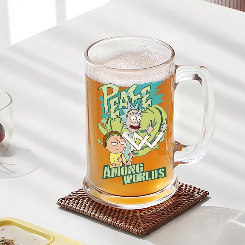 瑞克和莫蒂peace原创玻璃杯卡通印花啤酒杯子有把手水杯耐热男女
