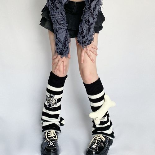 y2k千禧辣妹条纹腿套亚文化朋克十字架大骨头腿袜骷髅朋克堆堆袜