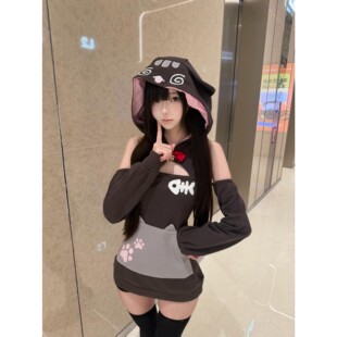 日系软妹卡通包臀短裙鱼骨骨头连衣裙露肩长袖套卫衣裙cos服装女