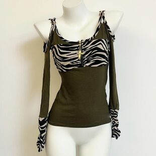 辣妹纯棉涩谷斑马纹印花上衣秋冬废土风y2k美式T恤显瘦露背长袖