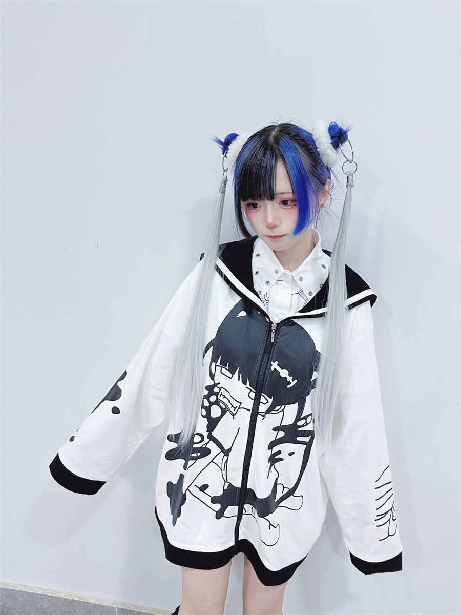 二次元加绒黑白外套卫衣海军领