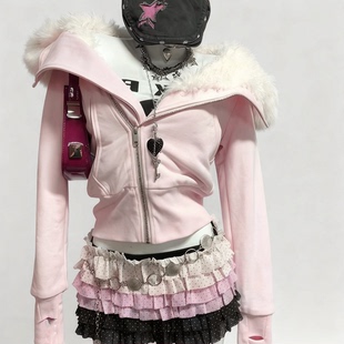 美式复古vintage古着粉绿两色毛绒内胆秋冬毛领连帽拉链修身外套