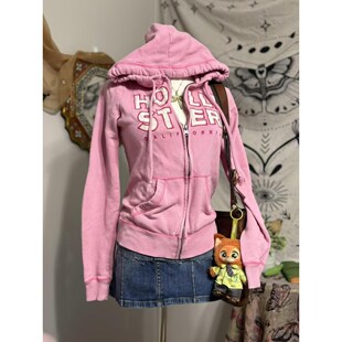 Hollister风甜妹粉色连帽卫衣女少女感显瘦收腰拉链帽衫休闲外套