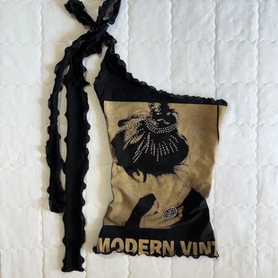 美式 上衣 复古烫钻赫本风单肩上衣黑棕撞色波浪边小众设计感吊带衫