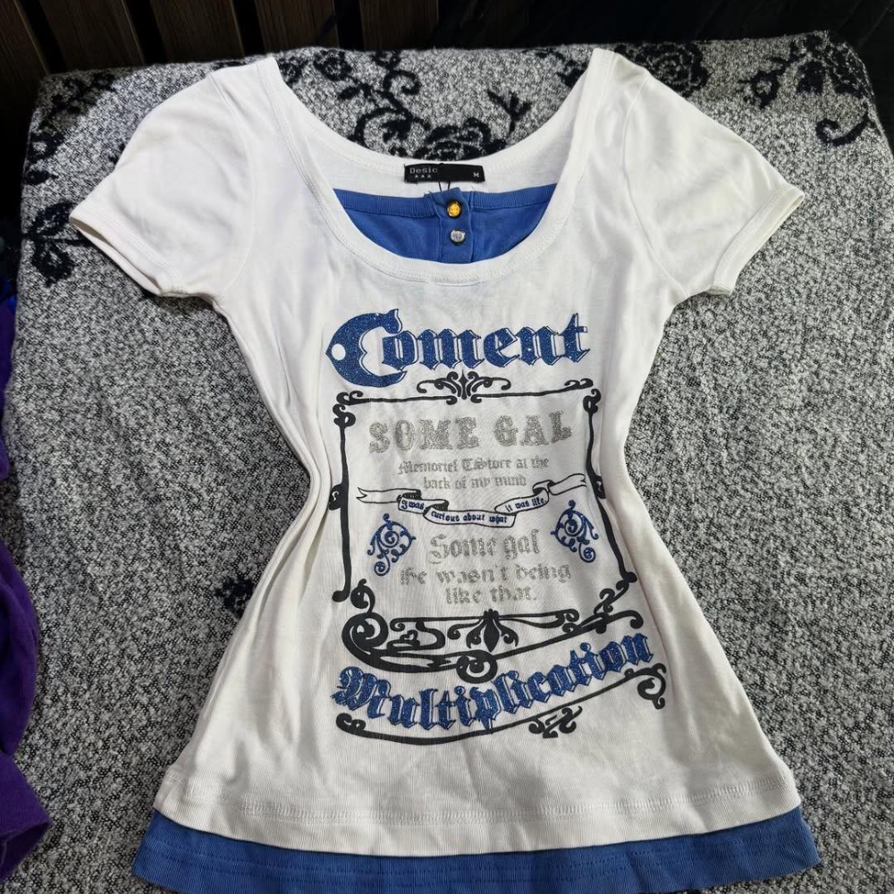 美式复古Vintage古着白蓝假两件撞色短袖T恤印花夏季修身显瘦上衣图片