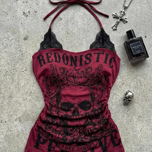 y2k亚文化千禧风上衣蕾丝挂脖吊带背心女 修身 美式 辣妹假两件夏季