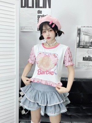 千禧yk2上衣女复古甜美可爱设计感小众修身系带短款辣妹泡泡袖T恤