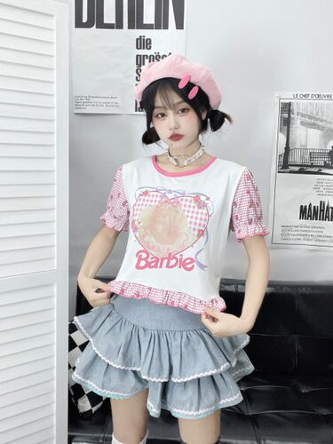 千禧yk2上衣女复古甜美可爱设计感小众修身系带短款辣妹泡泡袖T恤