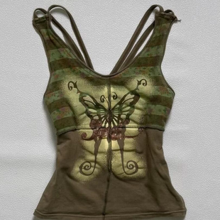 复古迷彩蝴蝶吊带背心渐变绿棕撞色蝴蝶印花交叉细带V领修身 上衣