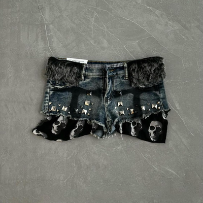 美式复古暗黑铆钉拼接骷髅头remake朋克辣妹女修身显瘦牛仔超短裤