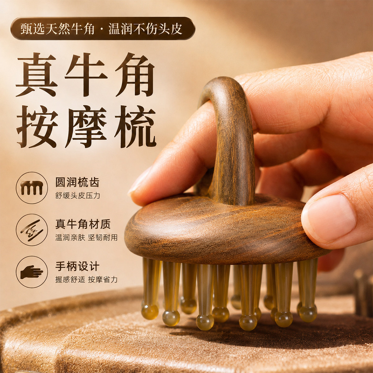 天然真牛角齿按摩梳新升级19钉圆盘指环梳子头皮经络梳实用送礼物