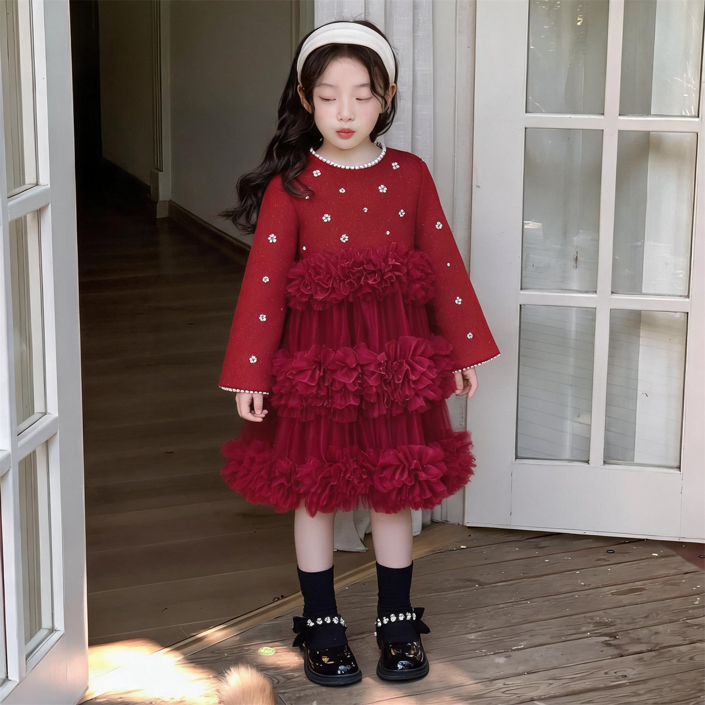 女童公主裙冬装2026新款儿童红色新年礼服女孩法式蓬蓬网纱连衣裙