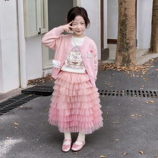 女童针织套装裙春装2026新款儿童开衫外套小女孩蛋糕半身裙三件套
