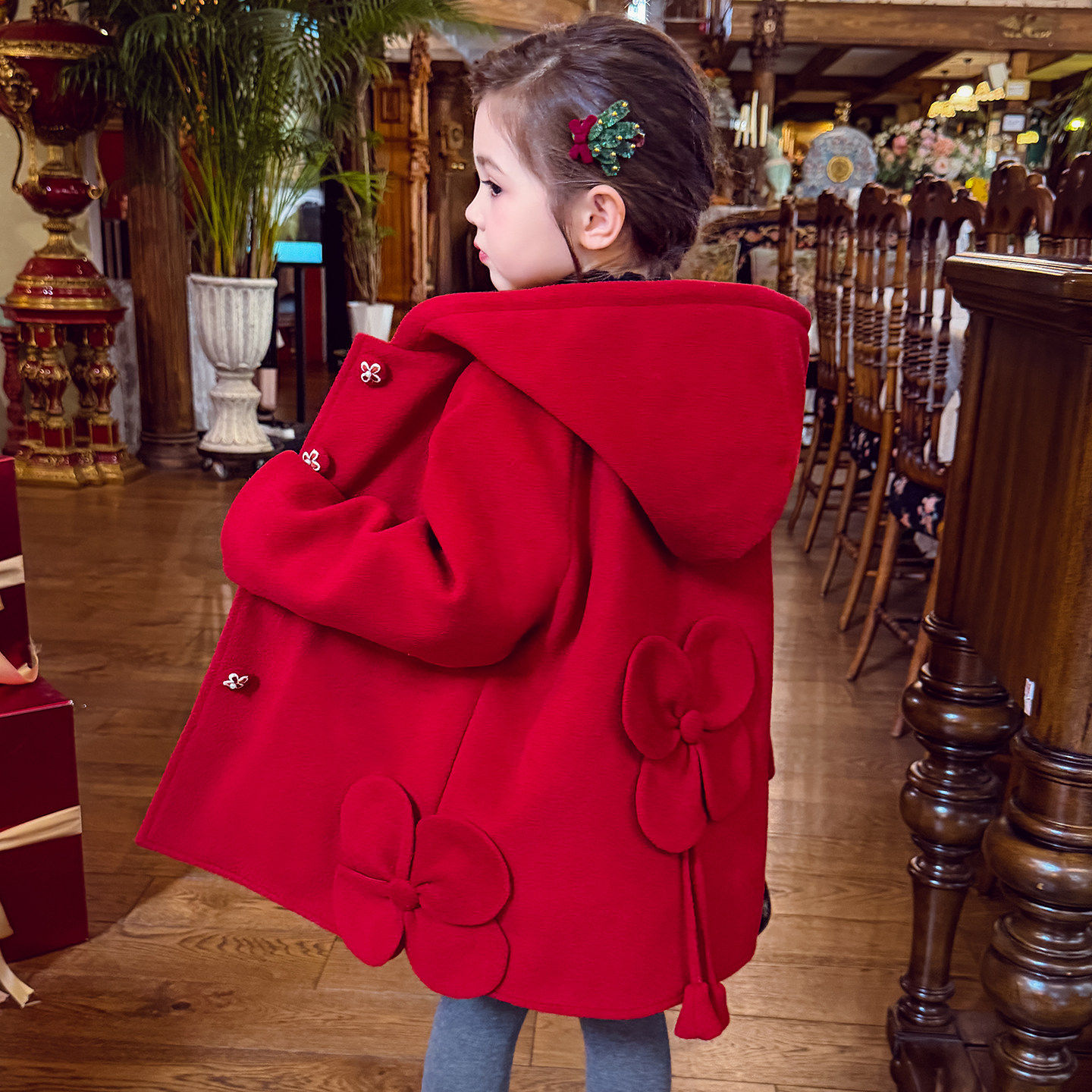 女童红色毛呢外套冬装2025新款儿童中长款拜年服夹棉衣服呢子大衣