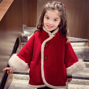 女童毛呢大衣2025冬装新款洋气儿童红色斗篷女孩加绒短款呢子外套