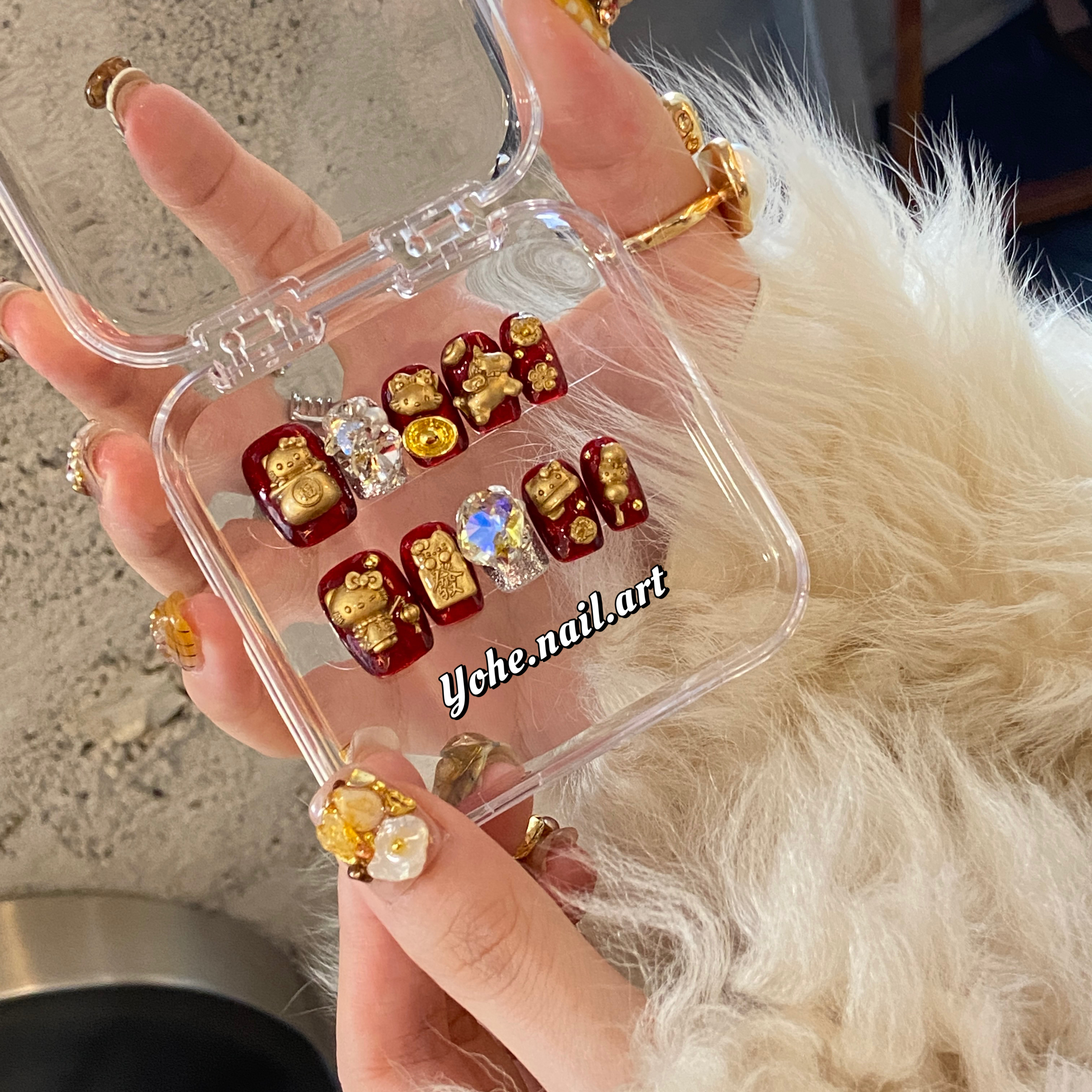 宥荷Studio 新年限定 红色小金豆穿戴甲美甲定制手工定制短甲,彩妆/香水/美妆工具,穿戴甲/甲片,淘宝优惠券,粉丝福利购,淘宝优惠卷