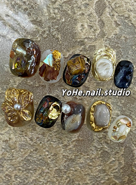 宥荷Studio 金色荒野小众ins风穿戴甲美甲定制假指甲手工定制短甲