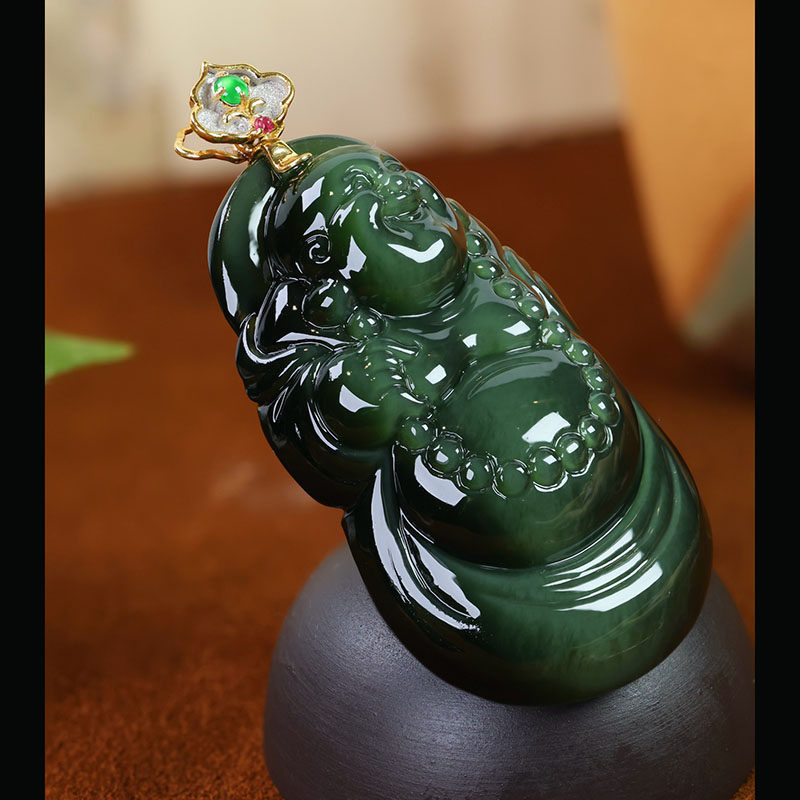 春夏季天然和田玉佛公吊坠女a黑猫眼碧玉弥勒佛镶18k金挂件送领导