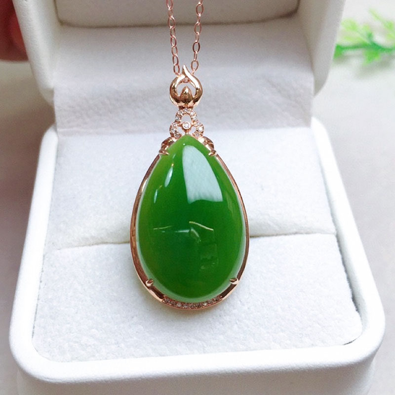 春夏季礼物天然和田玉吊坠女a货菠菜绿碧玉水滴镶18k金耳钉送闺蜜