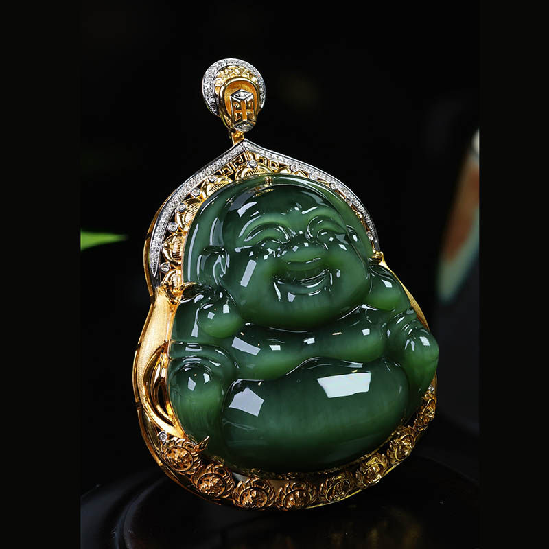 春季不打烊天然和田玉笑佛吊坠女a黑猫眼碧玉弥勒佛镶嵌18k金项链