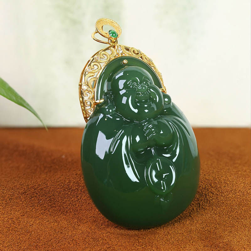 春夏季礼物天然和田玉吊坠女菠菜绿碧玉抱抱佛镶18k金挂件送妈妈