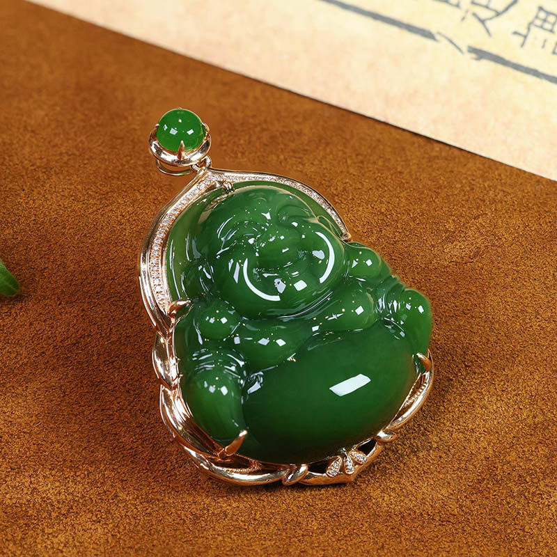春季开门红和田玉大佛公吊坠女a老料菠菜绿碧玉弥勒佛镶18k金挂件