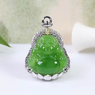 焕新季 天然和田玉弥勒佛吊坠女a苹果绿碧玉笑佛镶18k金挂件送妈妈