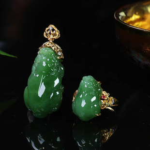 年货节天然和田玉吊坠女a货猫眼碧玉貔貅镶18k金项链戒指两件套装