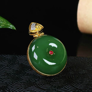 38焕新季天然和田玉吊坠女菠菜绿碧玉平安扣镶18k金挂件a货送女友