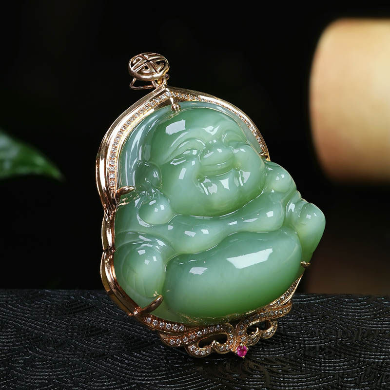 年货节礼天然和田玉吊坠女a冰底猫眼碧玉弥勒佛镶18k金项链送领导